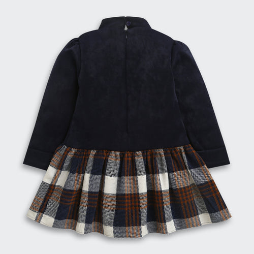 Girls Navy Blue & Plaid Bow Winter Dress TSM30706