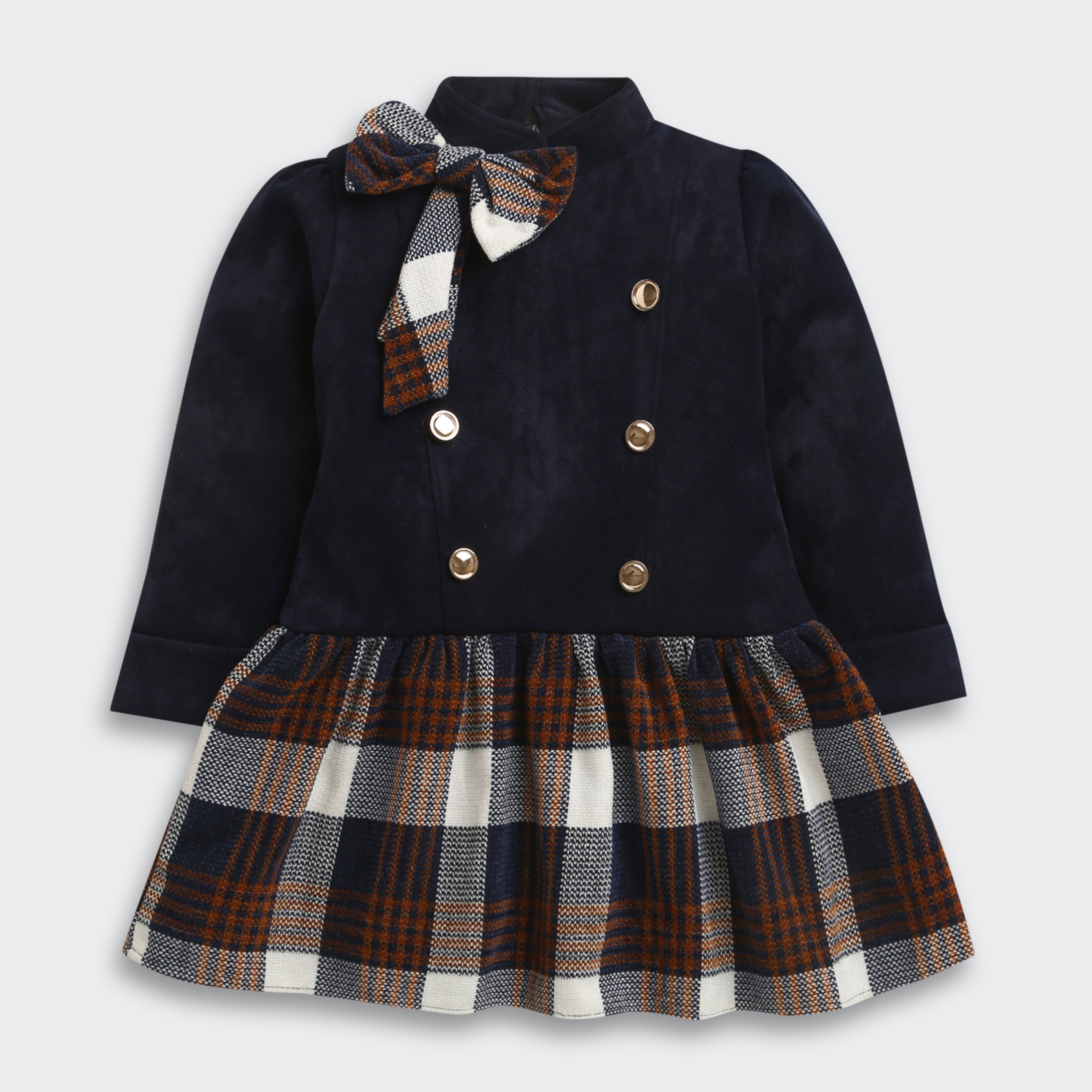 Tressel Girls Navy Blue Checkered Winter Dress with Bow