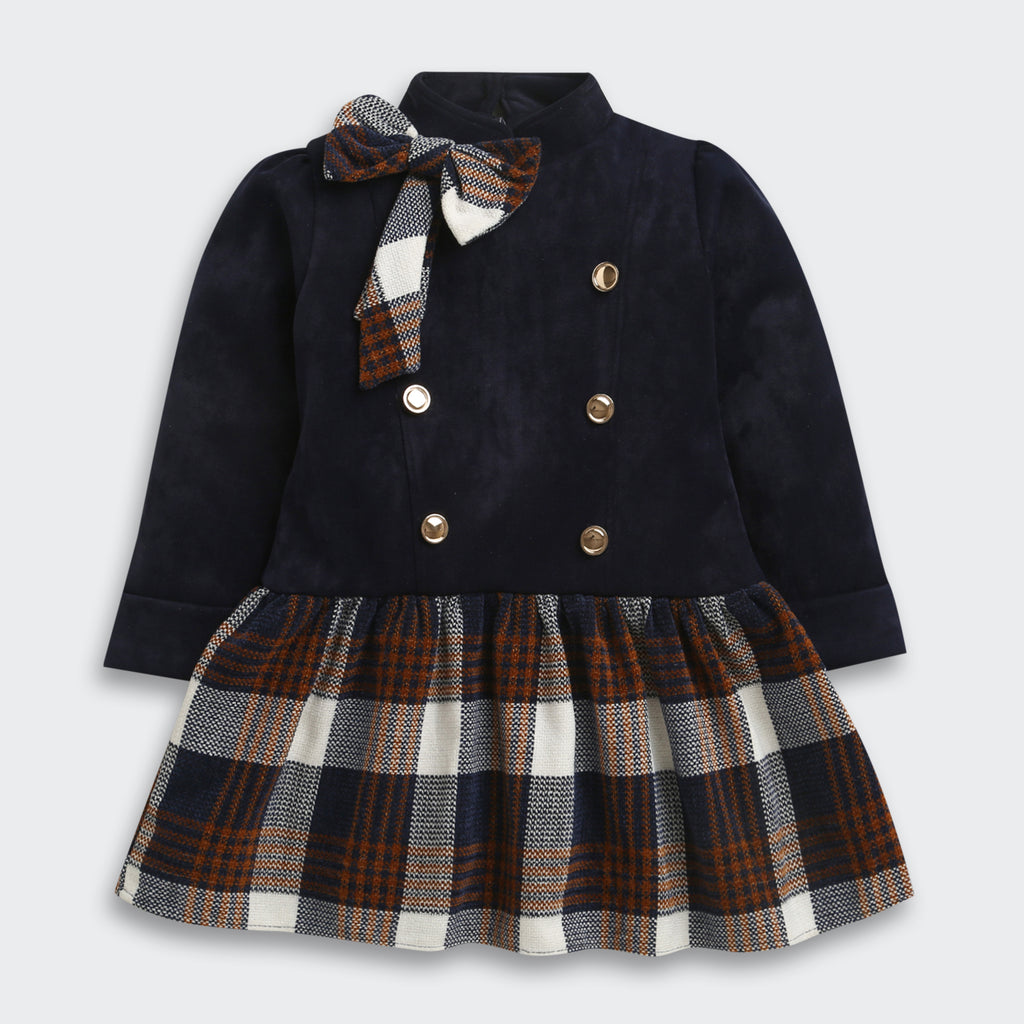 Girls Navy Blue & Plaid Bow Winter Dress TSM30706