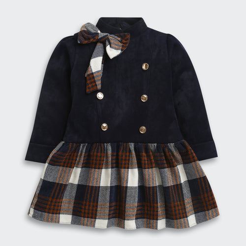 Girls Navy Blue & Plaid Bow Winter Dress TSM30706