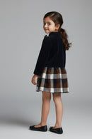 Tressel Girls Navy Blue Checkered Winter Dress with Bow