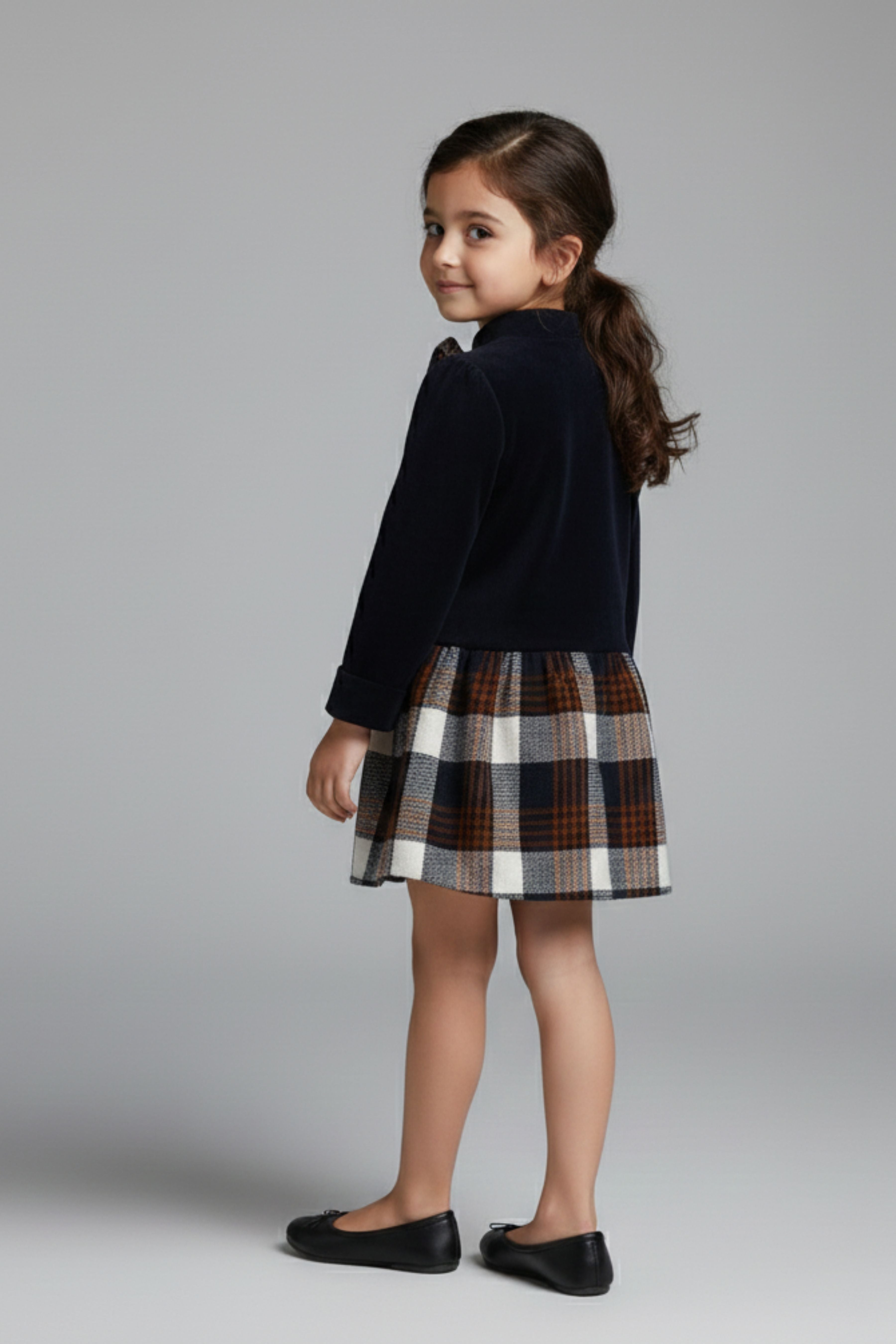Tressel Girls Navy Blue Checkered Winter Dress with Bow