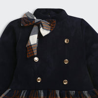 Tressel Girls Navy Blue Checkered Winter Dress with Bow