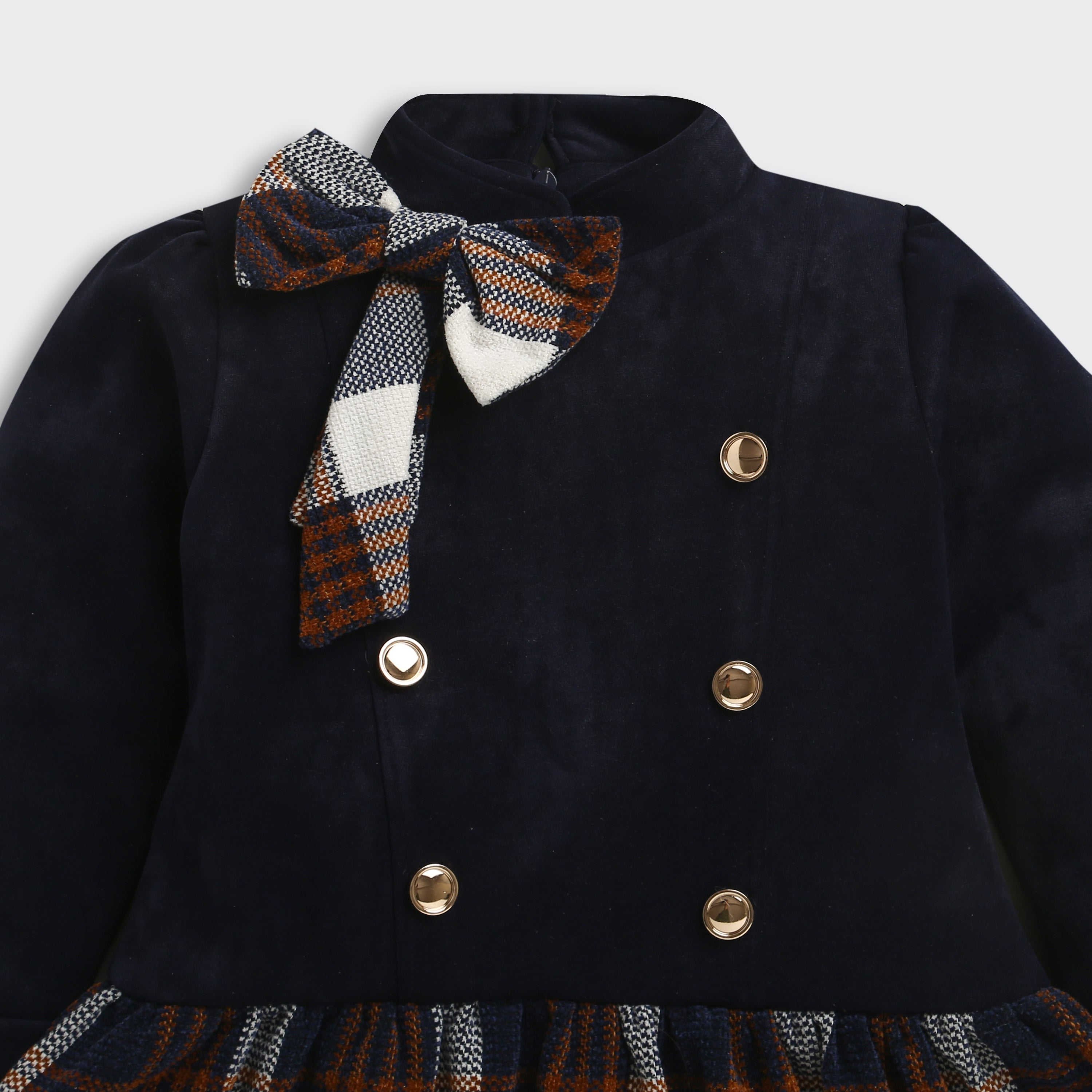 Tressel Girls Navy Blue Checkered Winter Dress with Bow