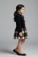 Tressel Girls Navy Blue Checkered Winter Dress with Bow
