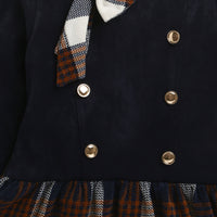 Tressel Girls Navy Blue Checkered Winter Dress with Bow