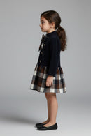 Tressel Girls Navy Blue Checkered Winter Dress with Bow