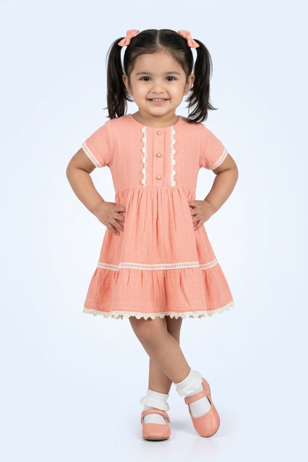 Peach Cotton Dress with Lace Trim & Button Detail TSM30730