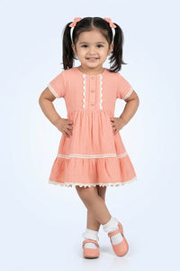 Peach Cotton Dress with Lace Trim & Button Detail TSM30730