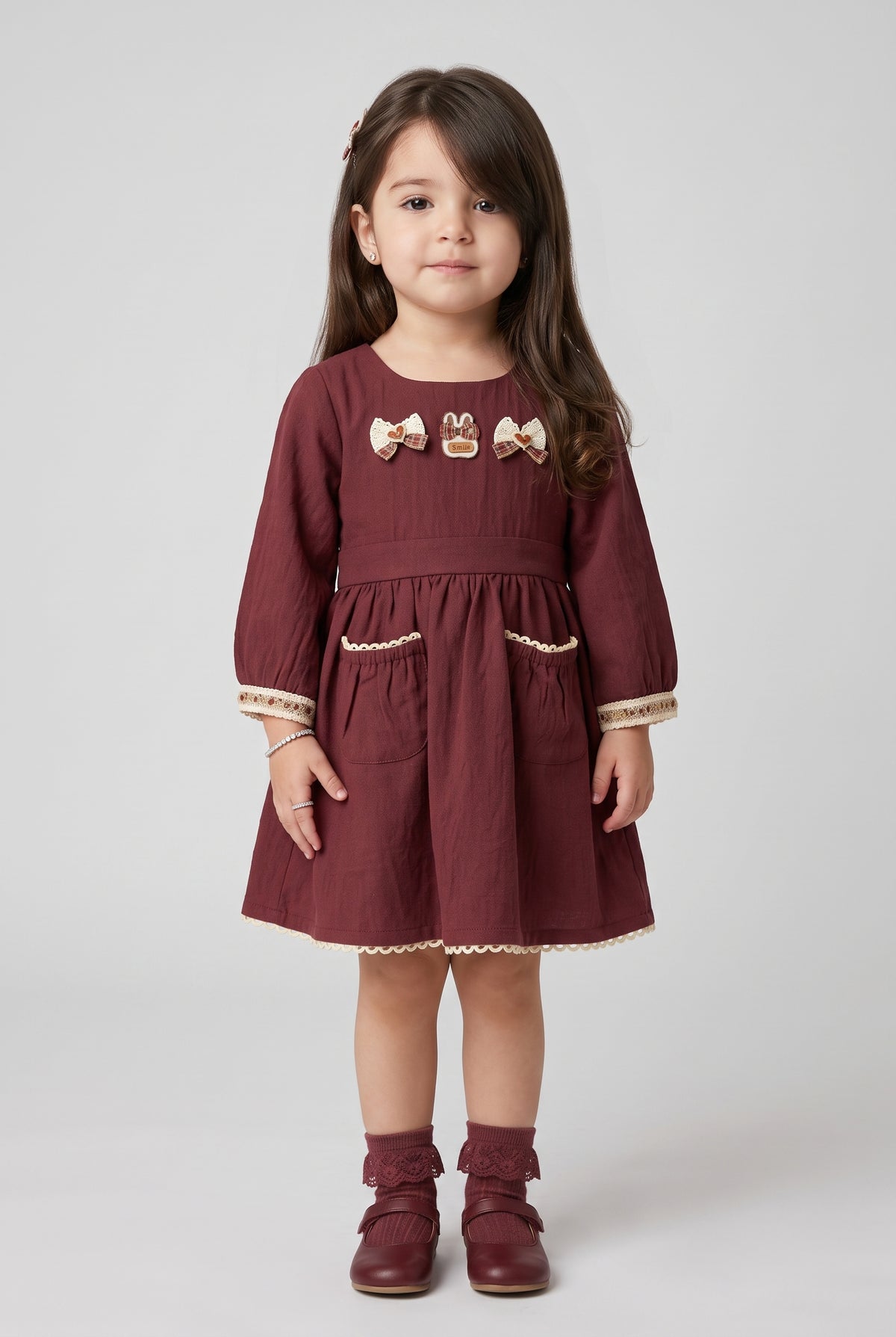 Maroon Bow & Bunny Appliqué Long-Sleeve Dress TSM30794