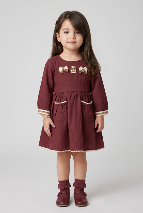 Maroon Bow & Bunny Appliqué Long-Sleeve Dress TSM30794