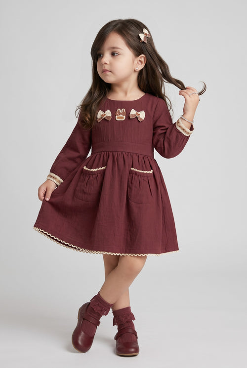Maroon Bow & Bunny Appliqué Long-Sleeve Dress TSM30794
