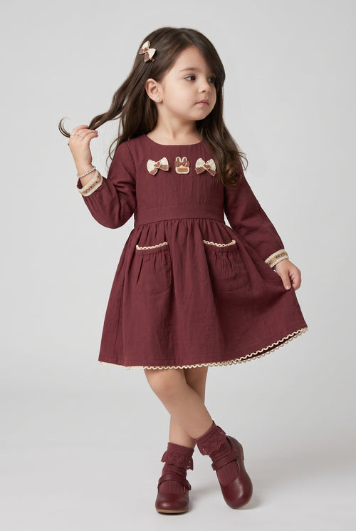 Maroon Bow & Bunny Appliqué Long-Sleeve Dress TSM30794