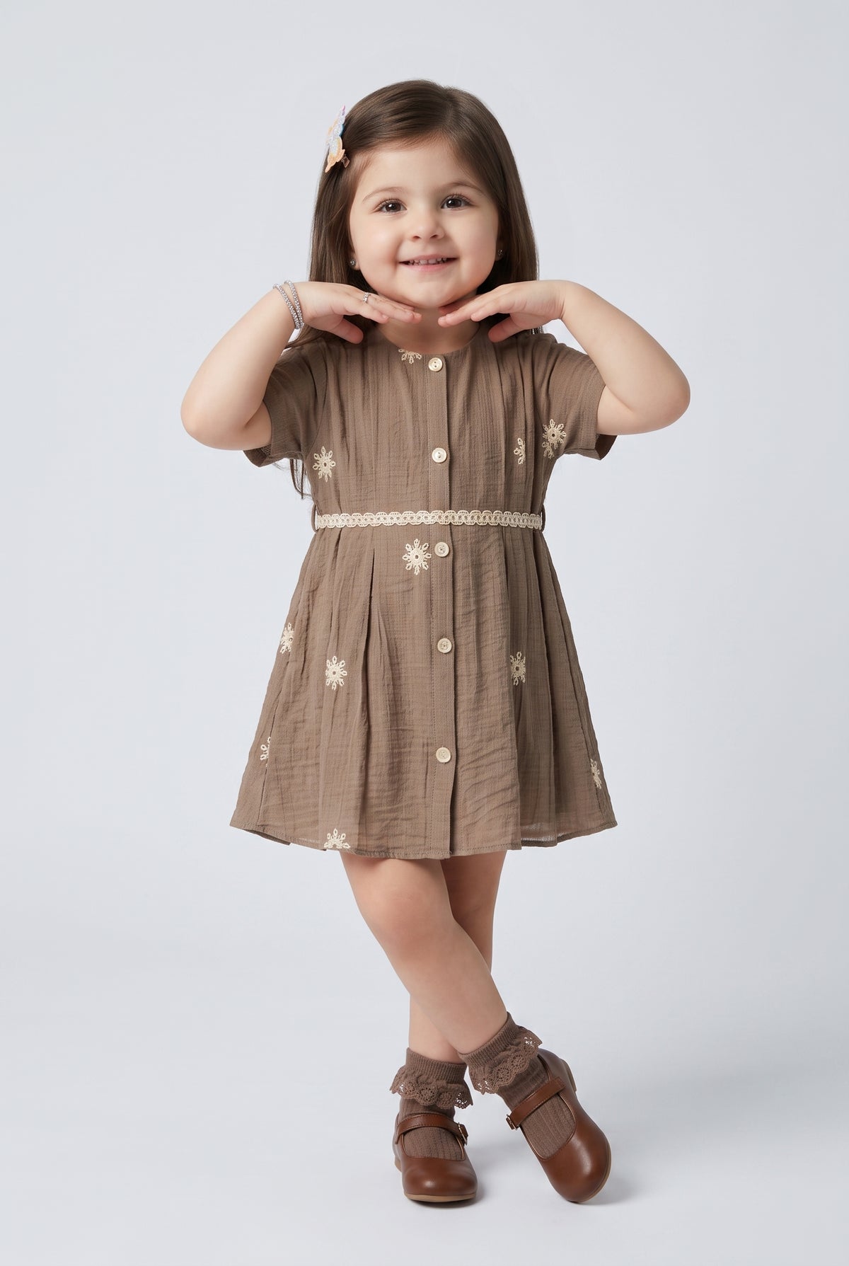 Beige Embroidered Button-Down Fit & Flare Dress TSM30795