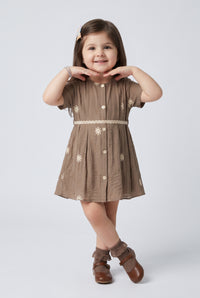 Beige Embroidered Button-Down Fit & Flare Dress TSM30795