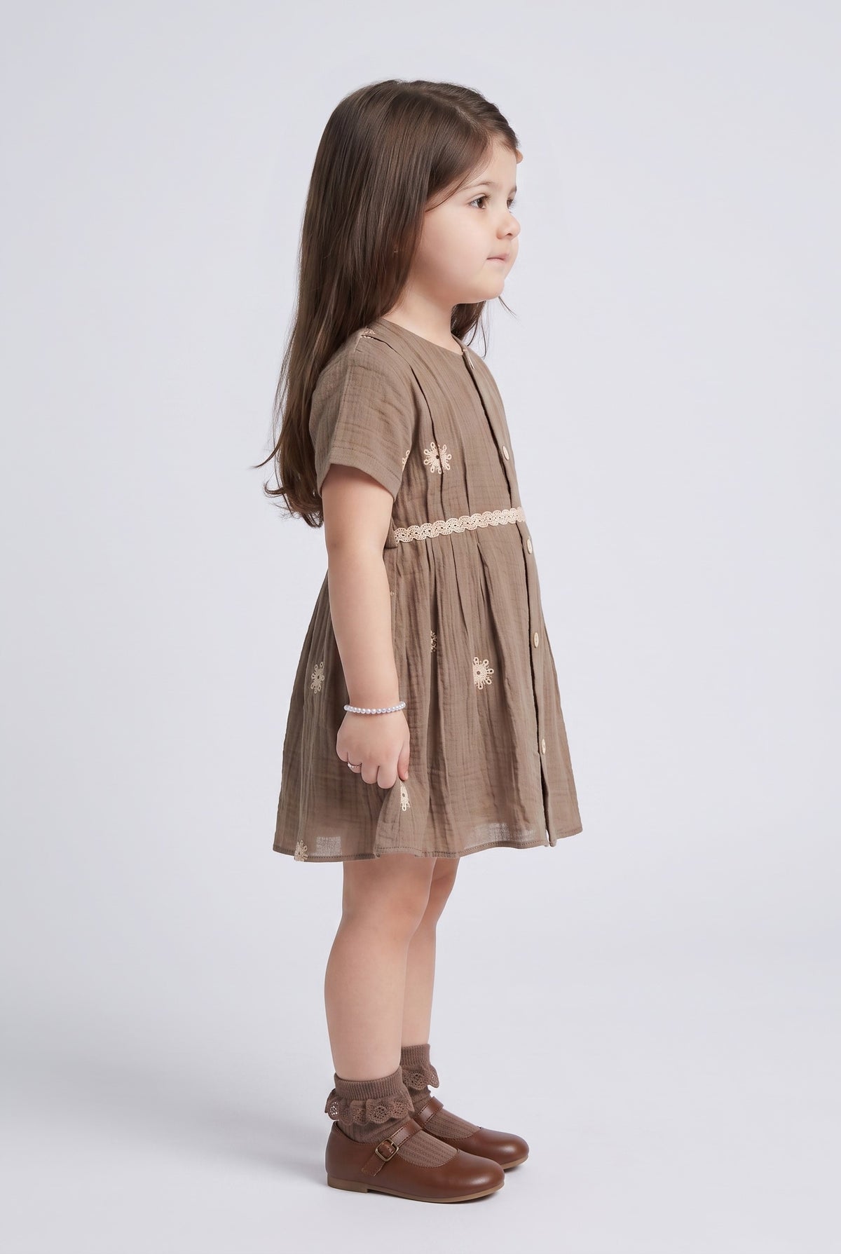 Beige Embroidered Button-Down Fit & Flare Dress TSM30795