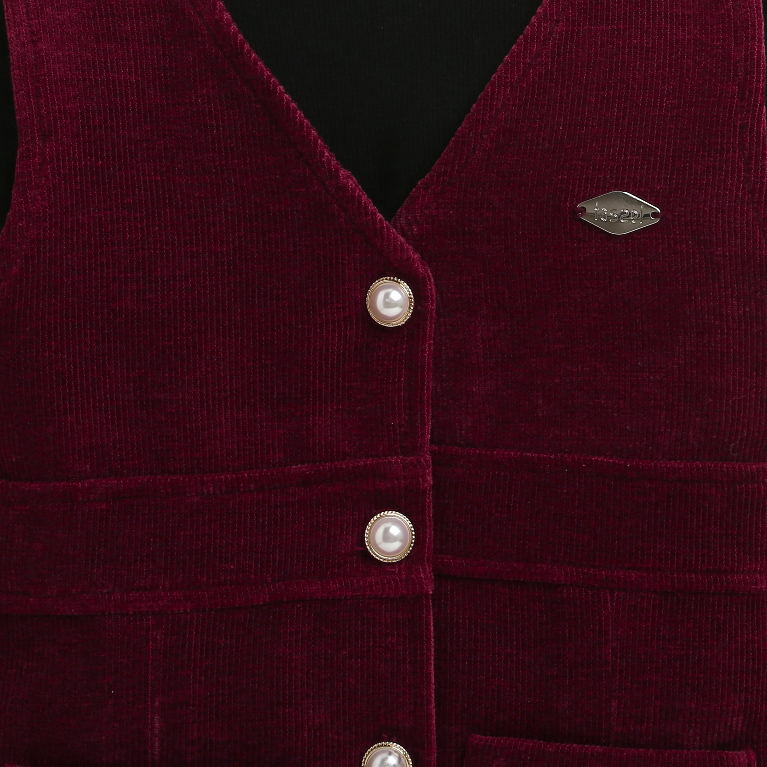 TresselGirls Maroon Corduroy Pinafore Dress with Black Inner Top