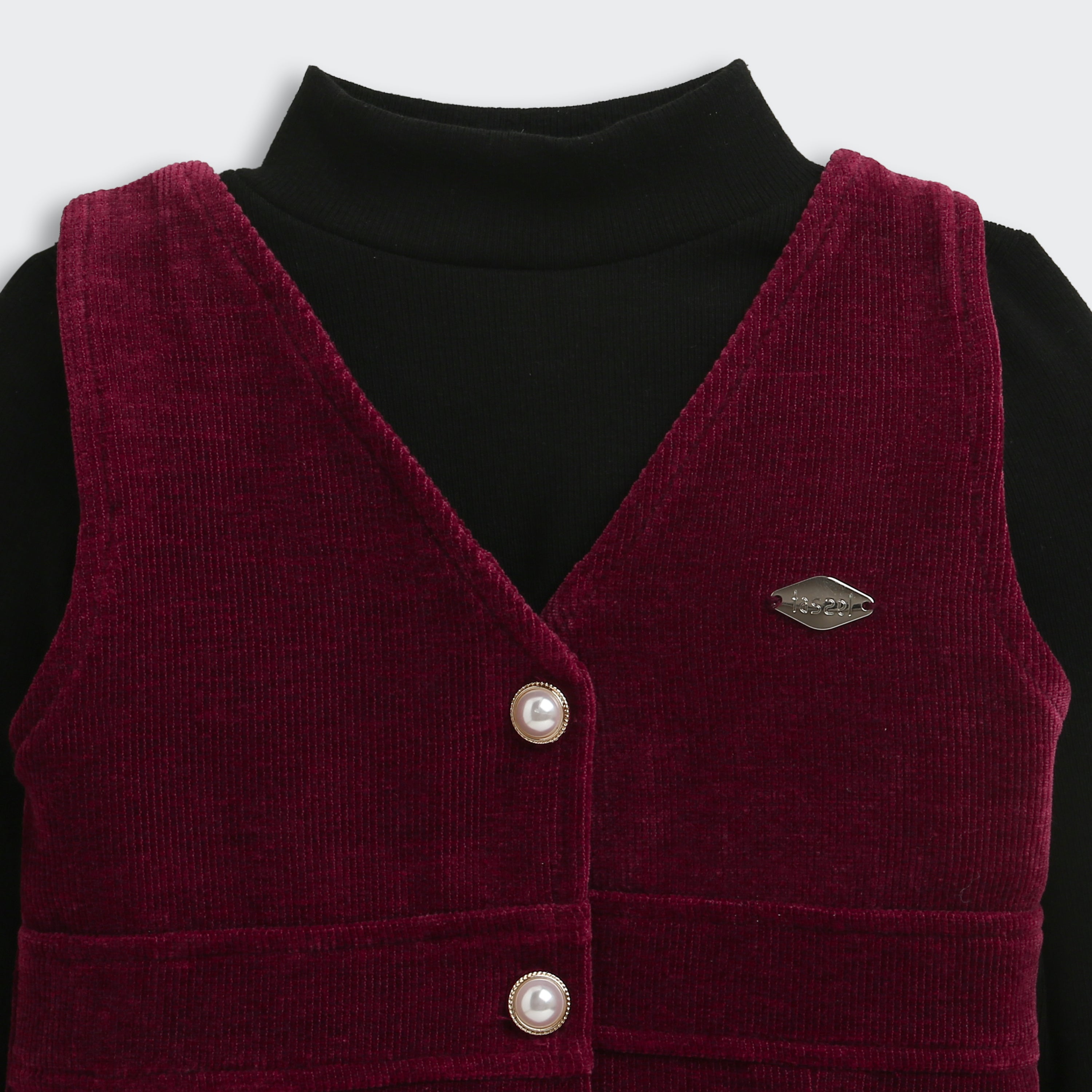 TresselGirls Maroon Corduroy Pinafore Dress with Black Inner Top