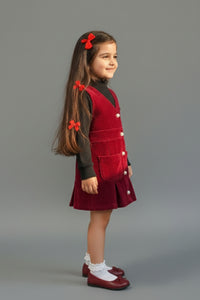 Tressel Girl Maroon Corduroy Pinafore Dress with Black Inner Top for Toddlers