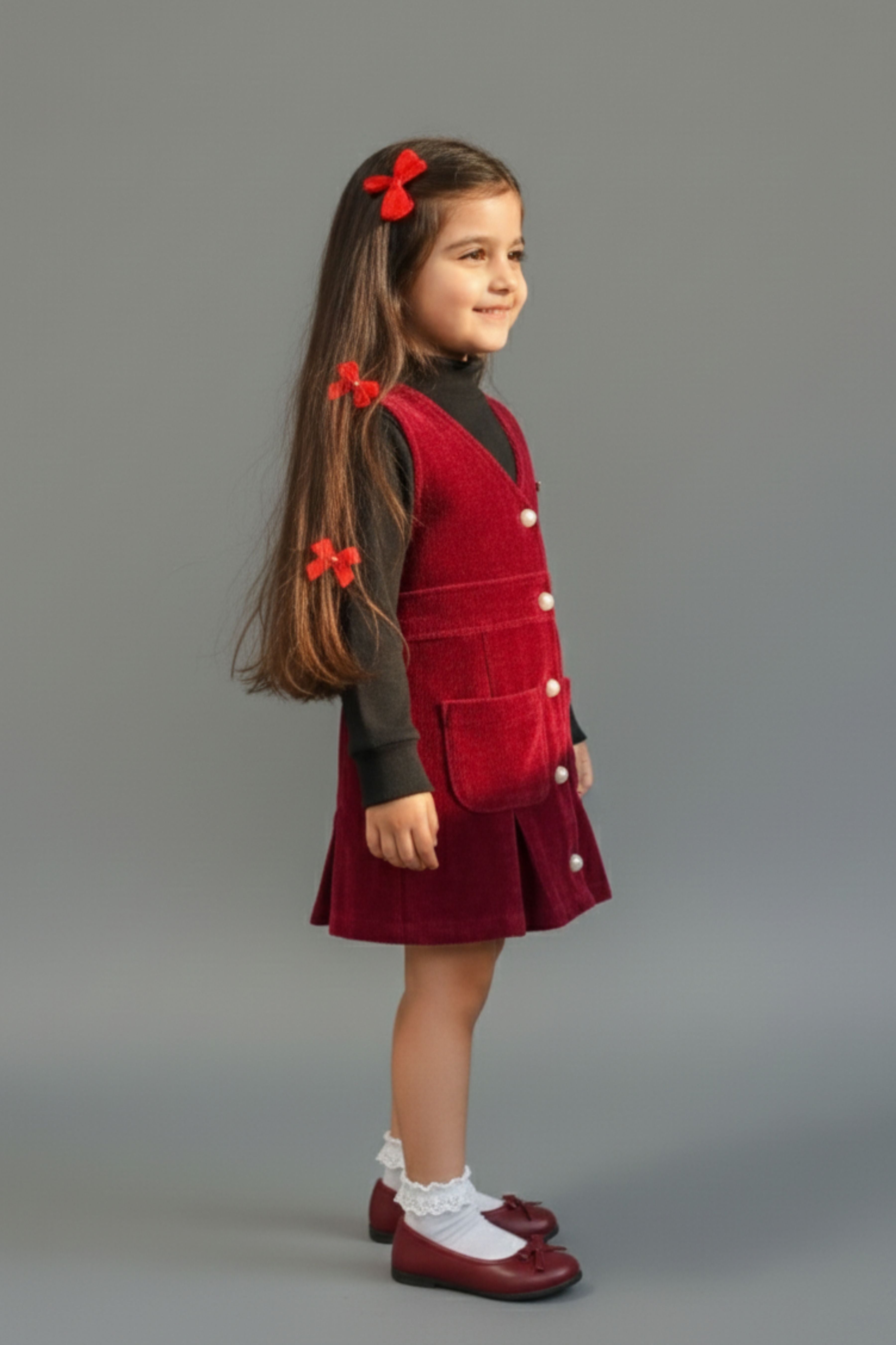 Tressel Girl Maroon Corduroy Pinafore Dress with Black Inner Top for Toddlers