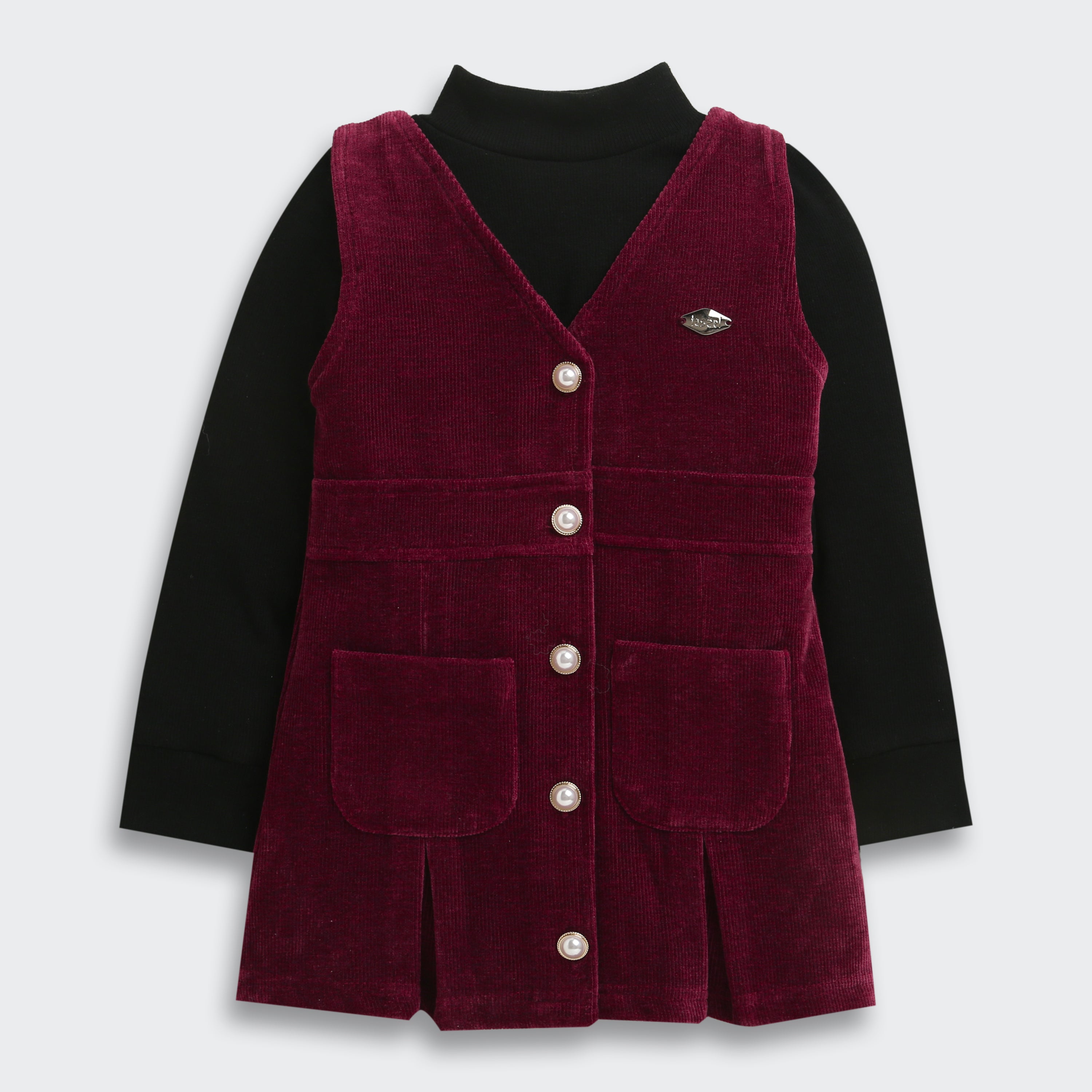 TresselGirls Maroon Corduroy Pinafore Dress with Black Inner Top