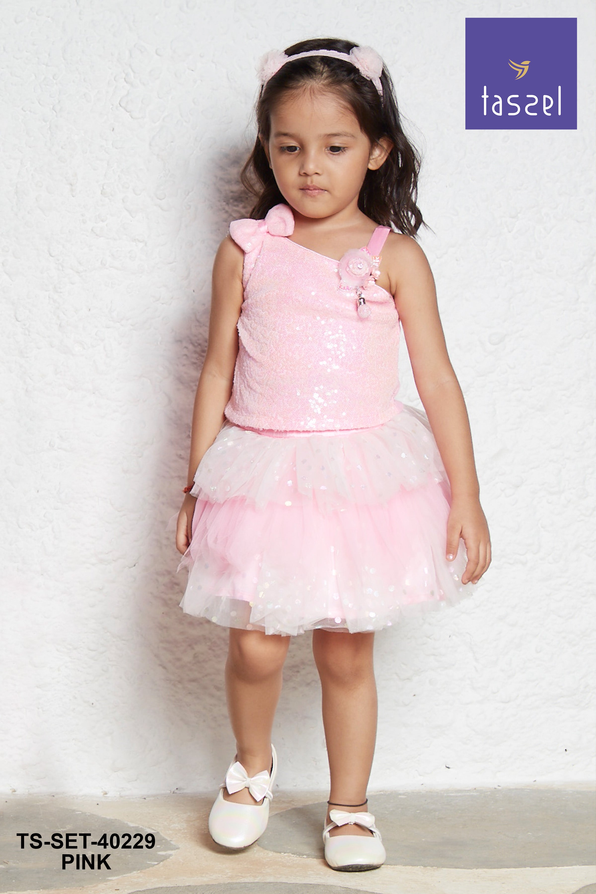 Pink Sequin Bodice Tulle Party Top & Skirt Set TSSET40229