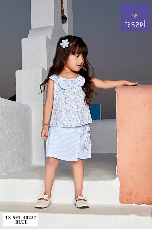 Blue Floral Bow Top & Striped Skirt Set TSSET40237