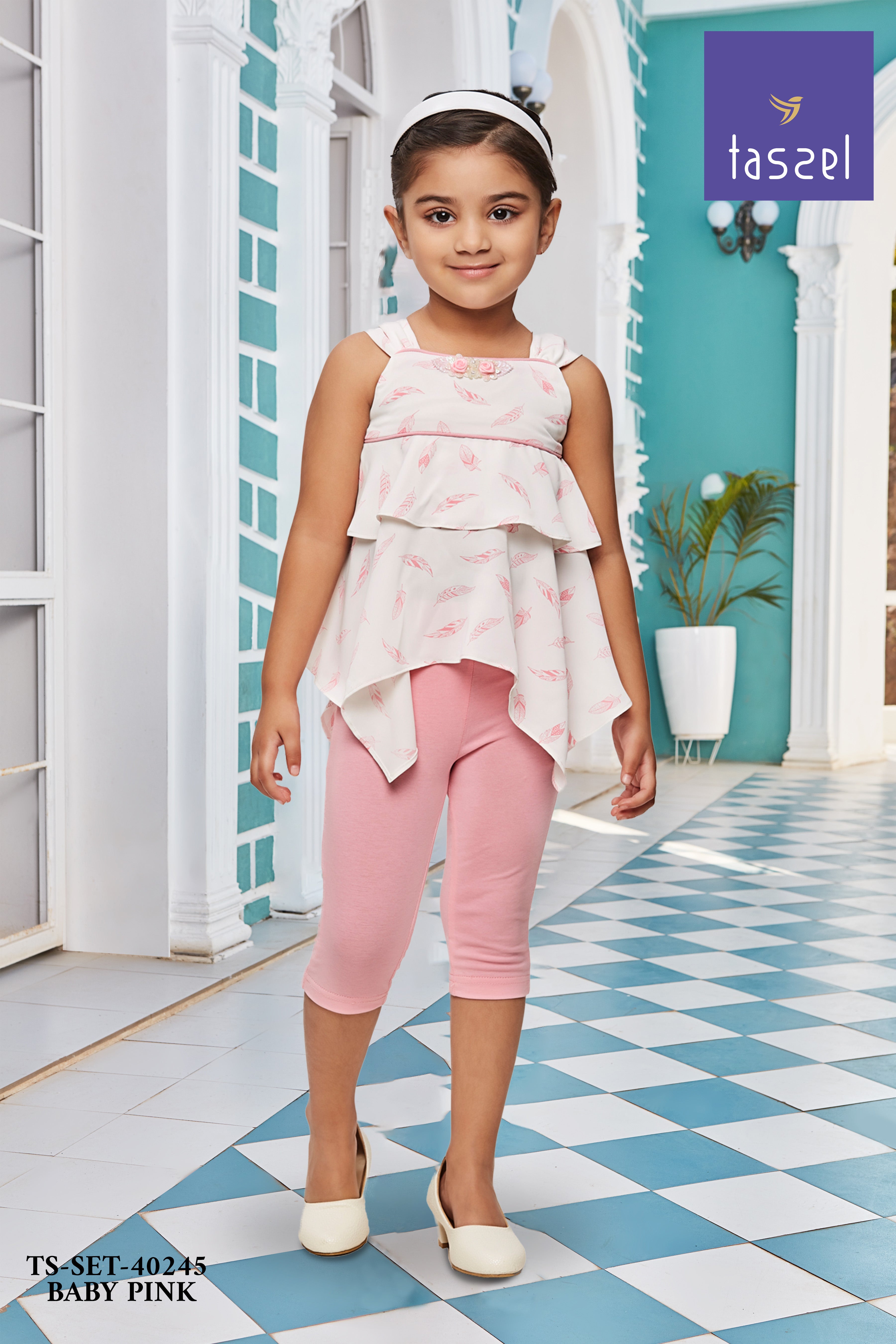 Baby Pink Layered Top with Capri Pants Set TSSET40245