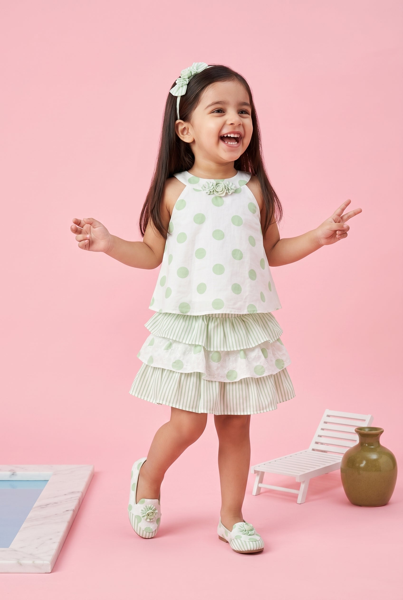 Polka Dot Green Layered Dress TSSET40255