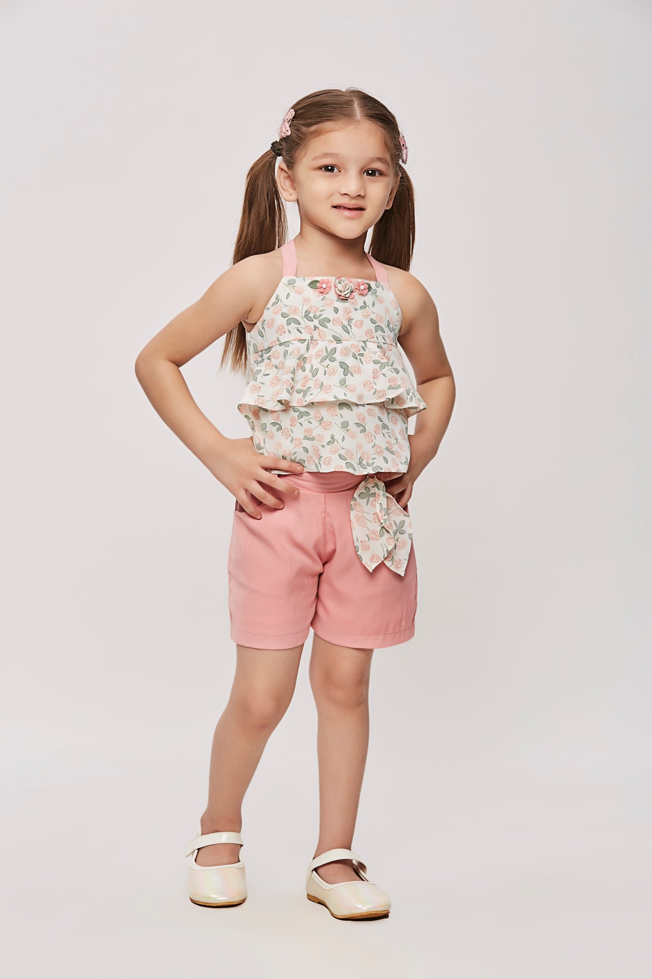 Floral Layered Top & Pink Shorts Co-ord Set TSSET40262