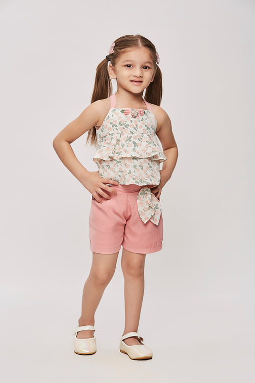 Floral Layered Top & Pink Shorts Co-ord Set TSSET40262