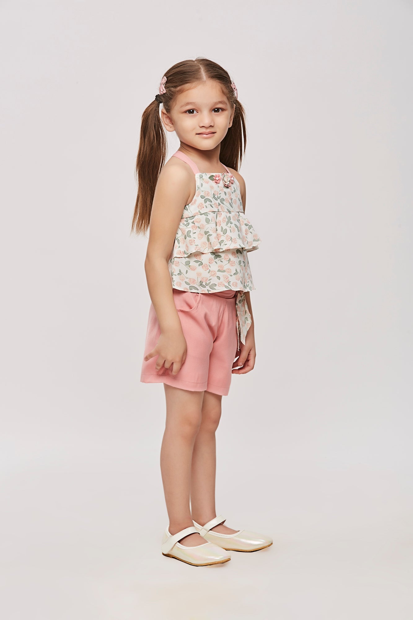 Floral Layered Top & Pink Shorts Co-ord Set TSSET40262