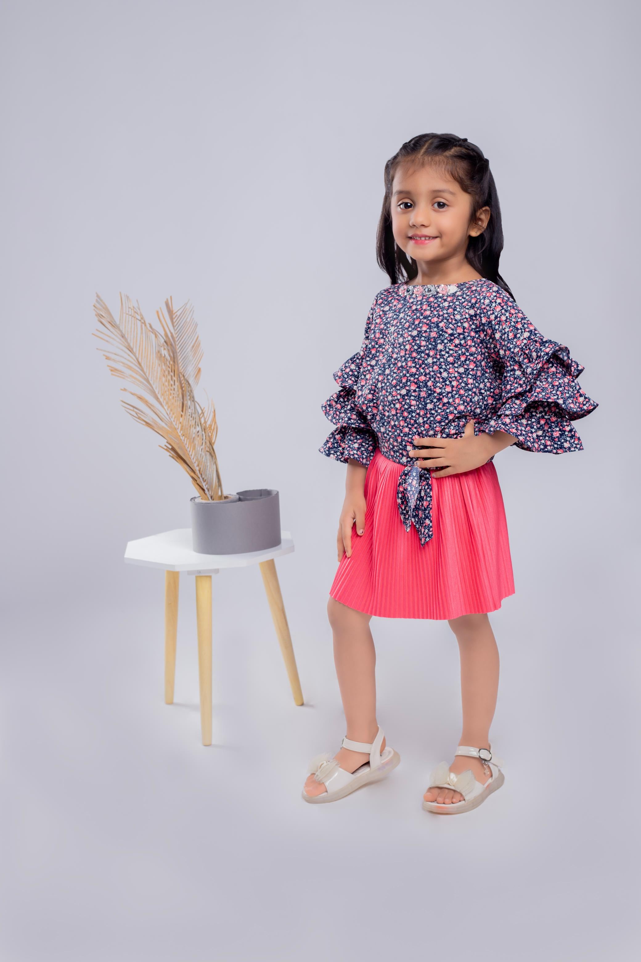 Peach Floral Ruffle Top with Pleated Skirt Set TSSET40336
