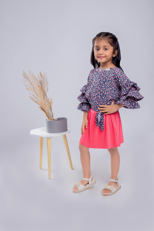Peach Floral Ruffle Top with Pleated Skirt Set TSSET40336