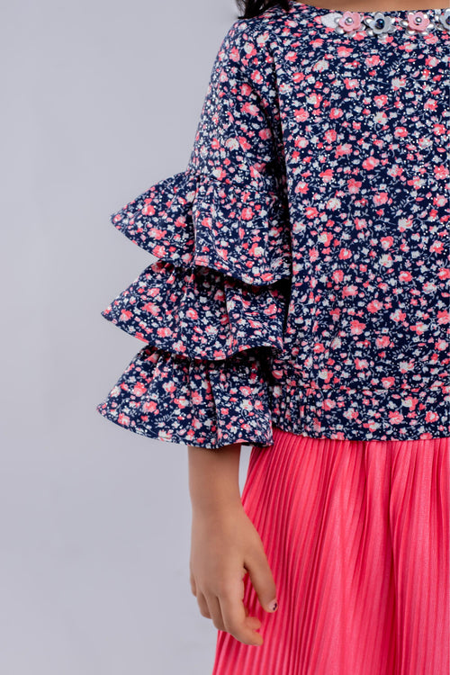 Peach Floral Ruffle Top with Pleated Skirt Set TSSET40336