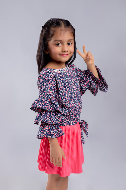 Peach Floral Ruffle Top with Pleated Skirt Set TSSET40336