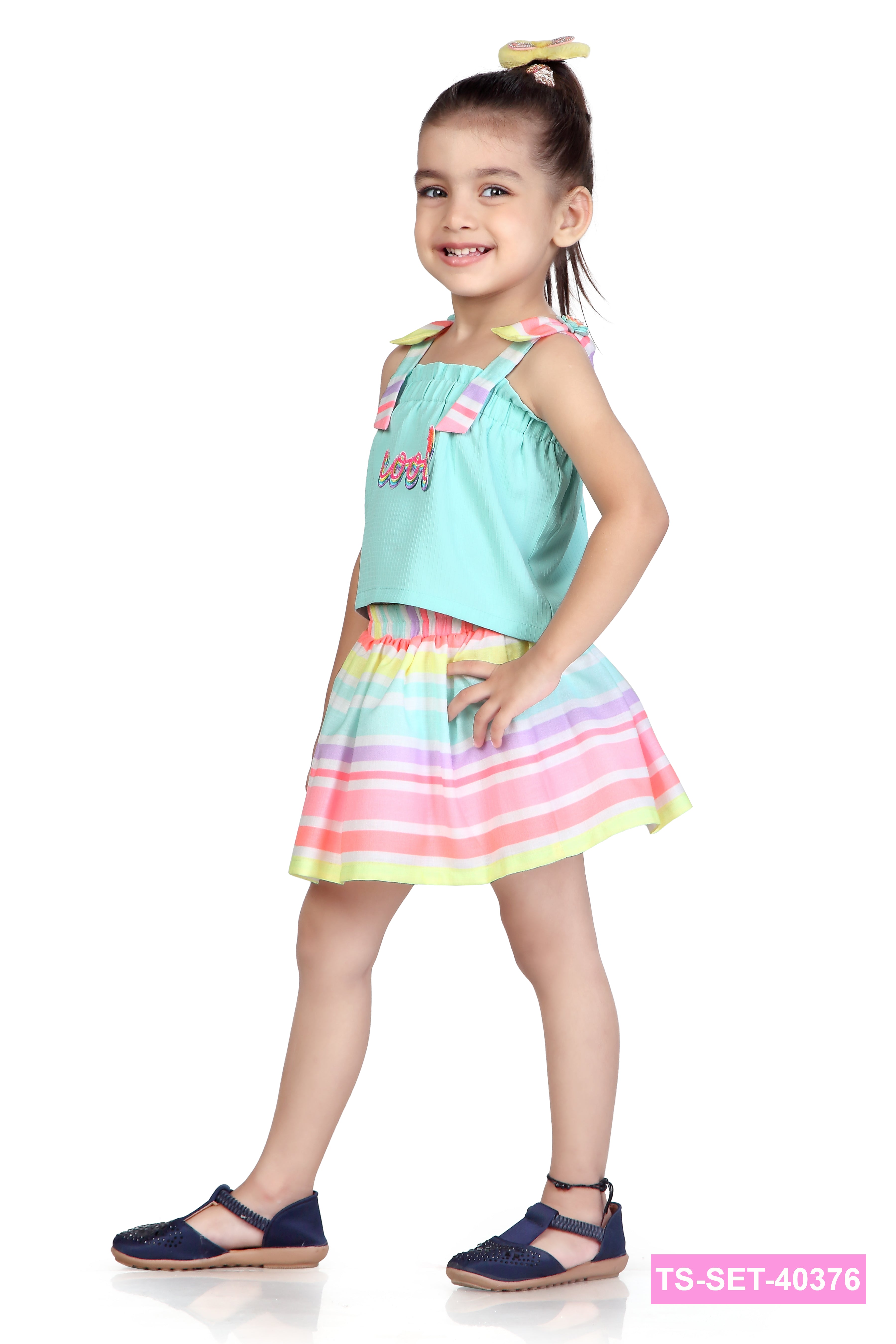 Aqua Top & Rainbow Stripe Skirt Set TSSET40376