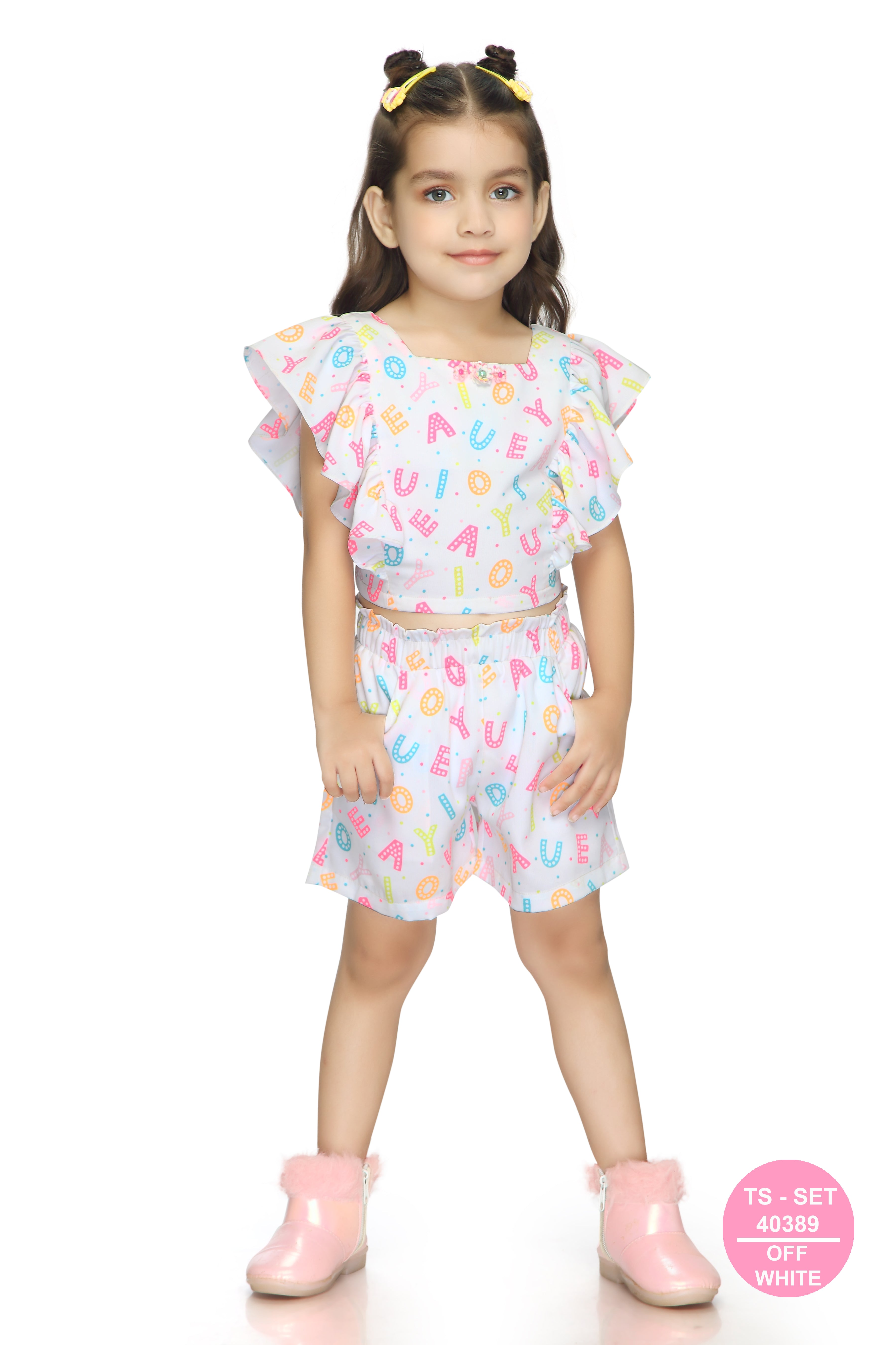 Alphabet Print Ruffle Top & Shorts Set TSSET40389