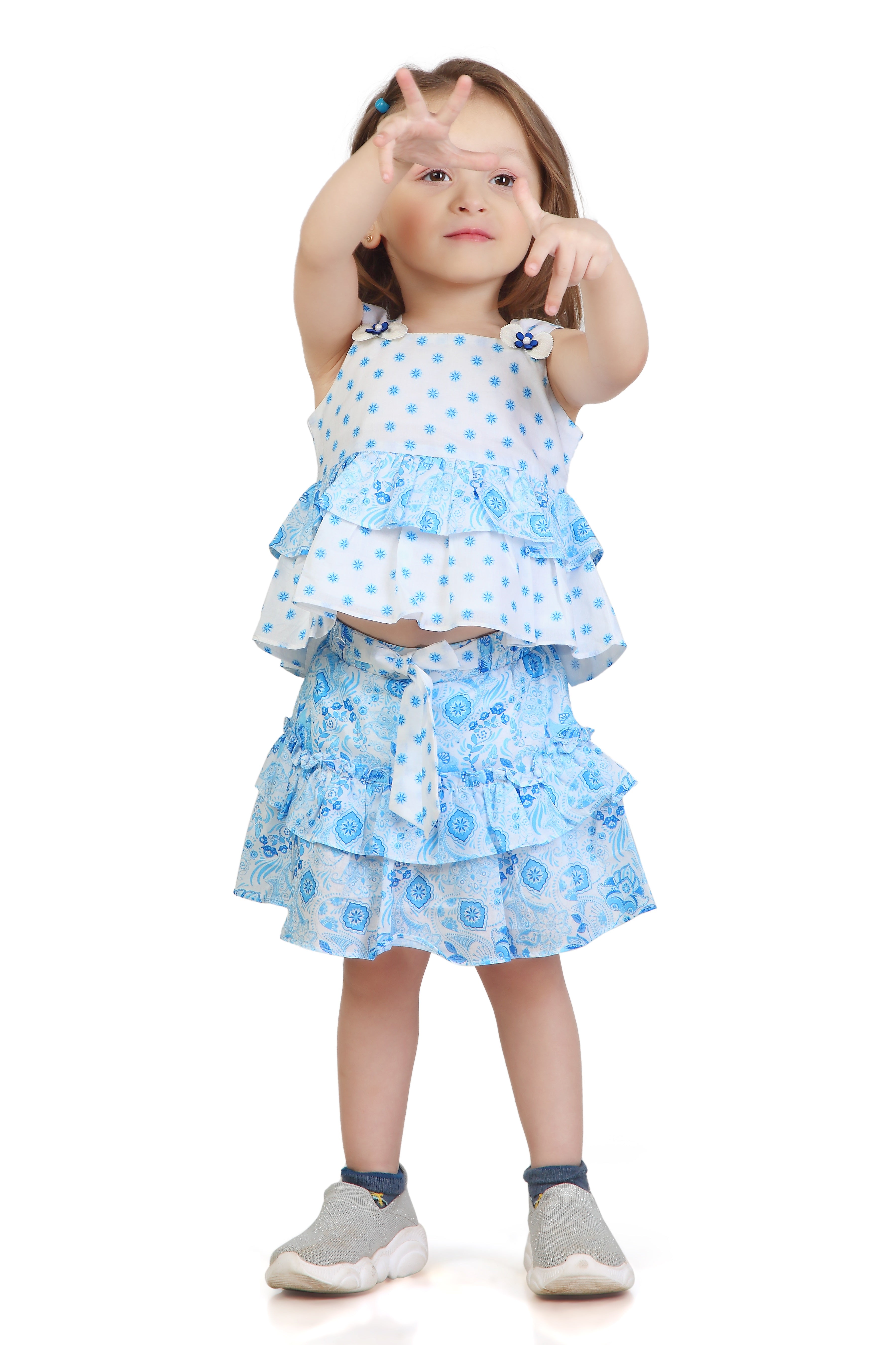 Blue Floral Tiered Ruffle Top & Skirt Set TSSET40402