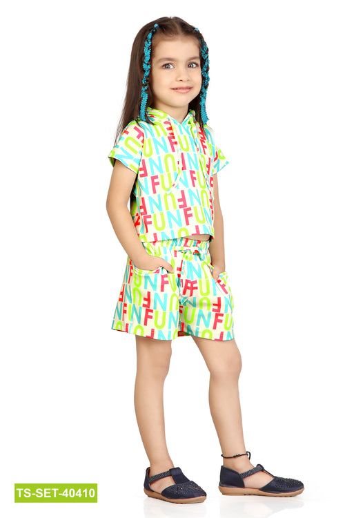 “FUN” Print Shirt &amp; Shorts Co-ord Set TSSET40410