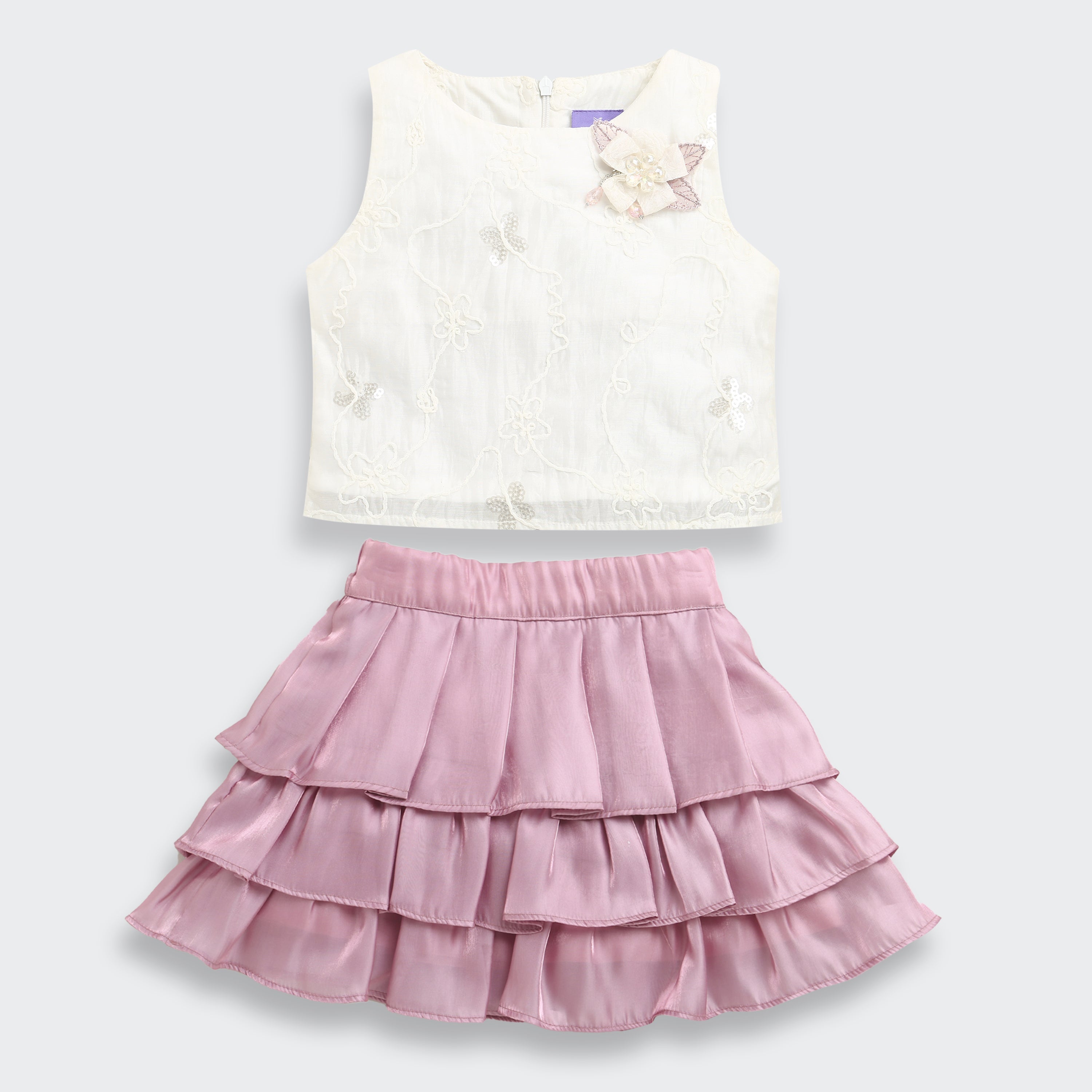 Tressel Onion Pink Floral Printed Top & Skirt Set