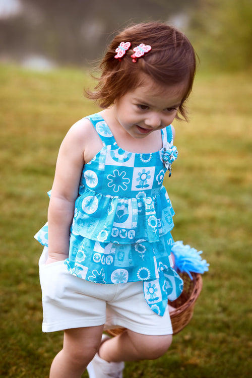 Blue Printed Ruffle Top with Shorts Set TSSET40490