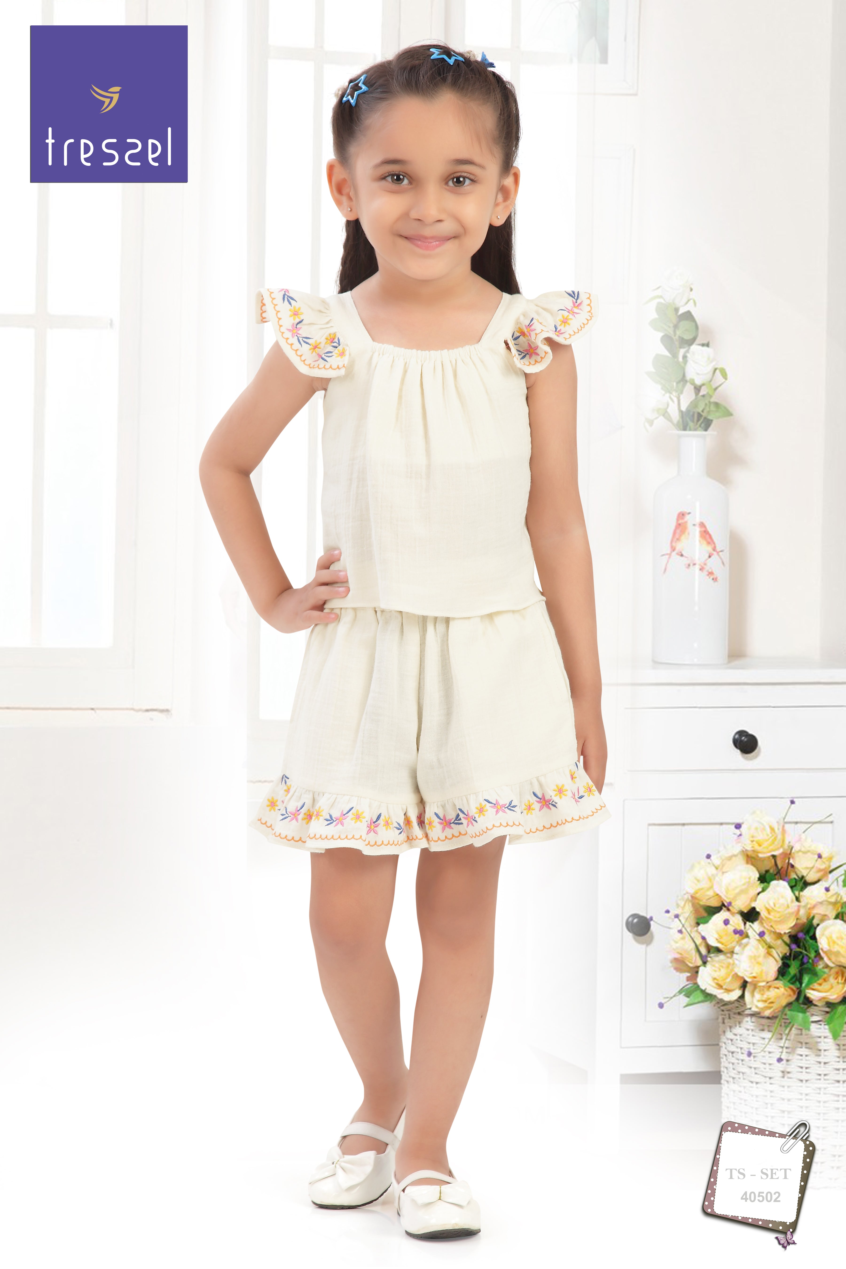 Girls Flared Sleeves Embroidered Top & Shorts Set TSSET40502