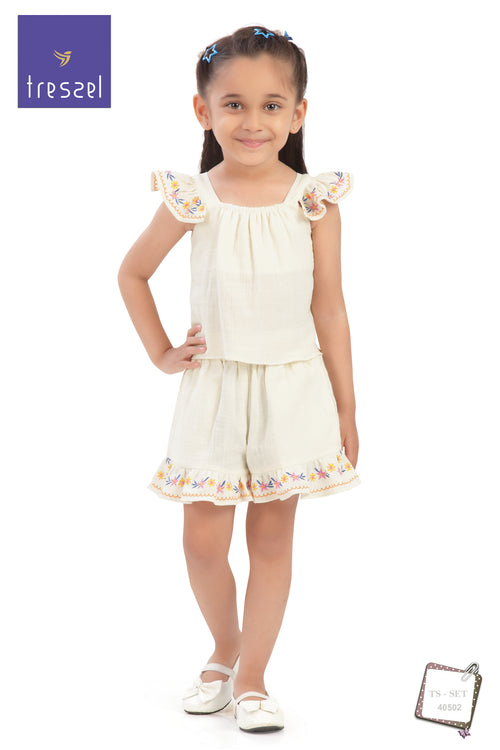 Girls Flared Sleeves Embroidered Top & Shorts Set TSSET40502