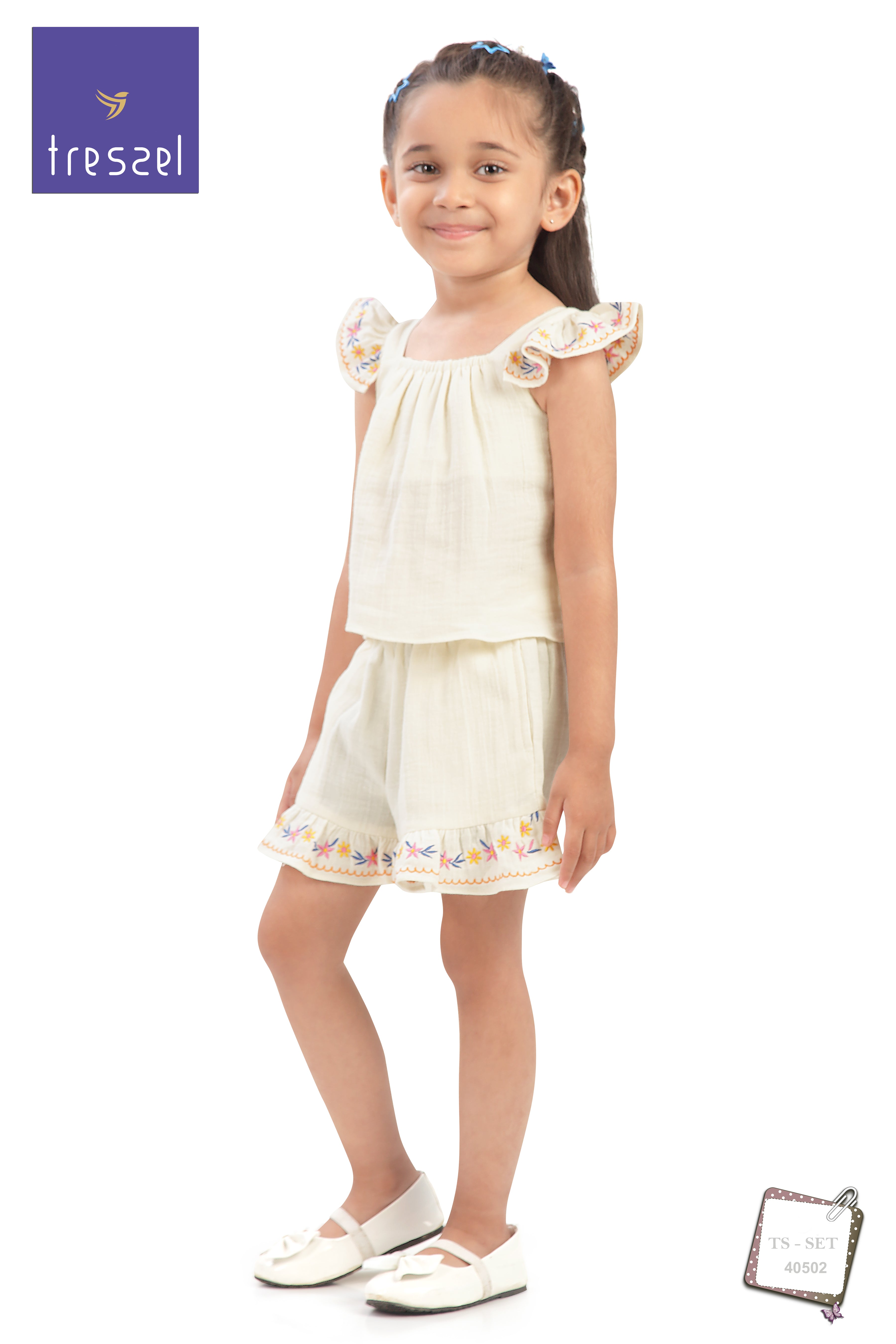 Girls Flared Sleeves Embroidered Top & Shorts Set TSSET40502