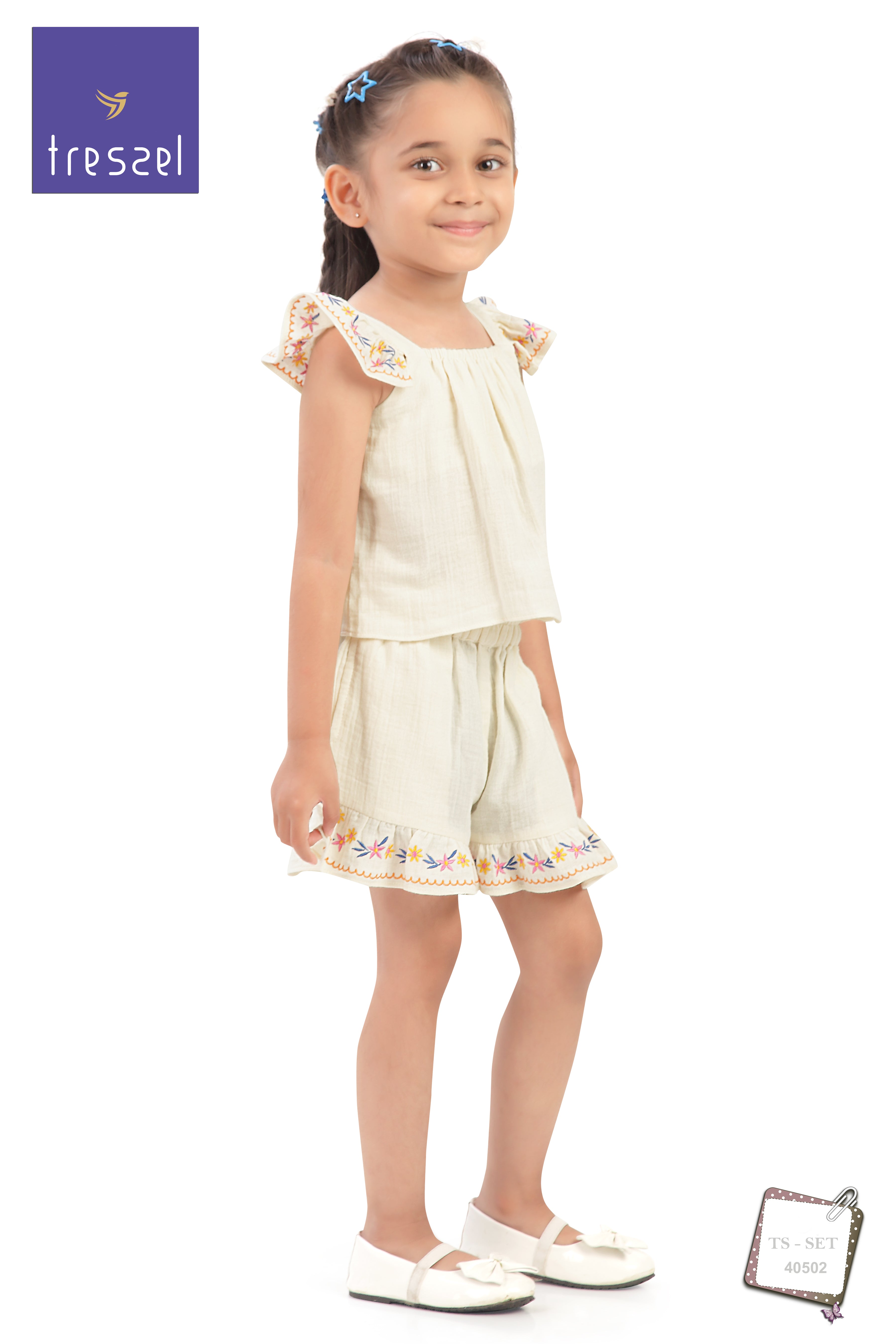 Girls Flared Sleeves Embroidered Top & Shorts Set TSSET40502