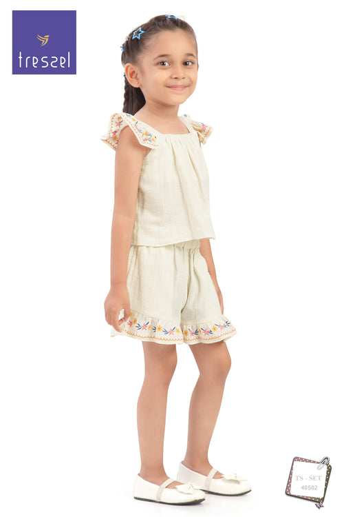 Girls Flared Sleeves Embroidered Top & Shorts Set TSSET40502