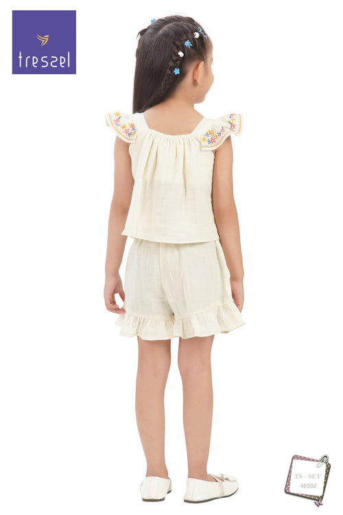 Girls Flared Sleeves Embroidered Top & Shorts Set TSSET40502
