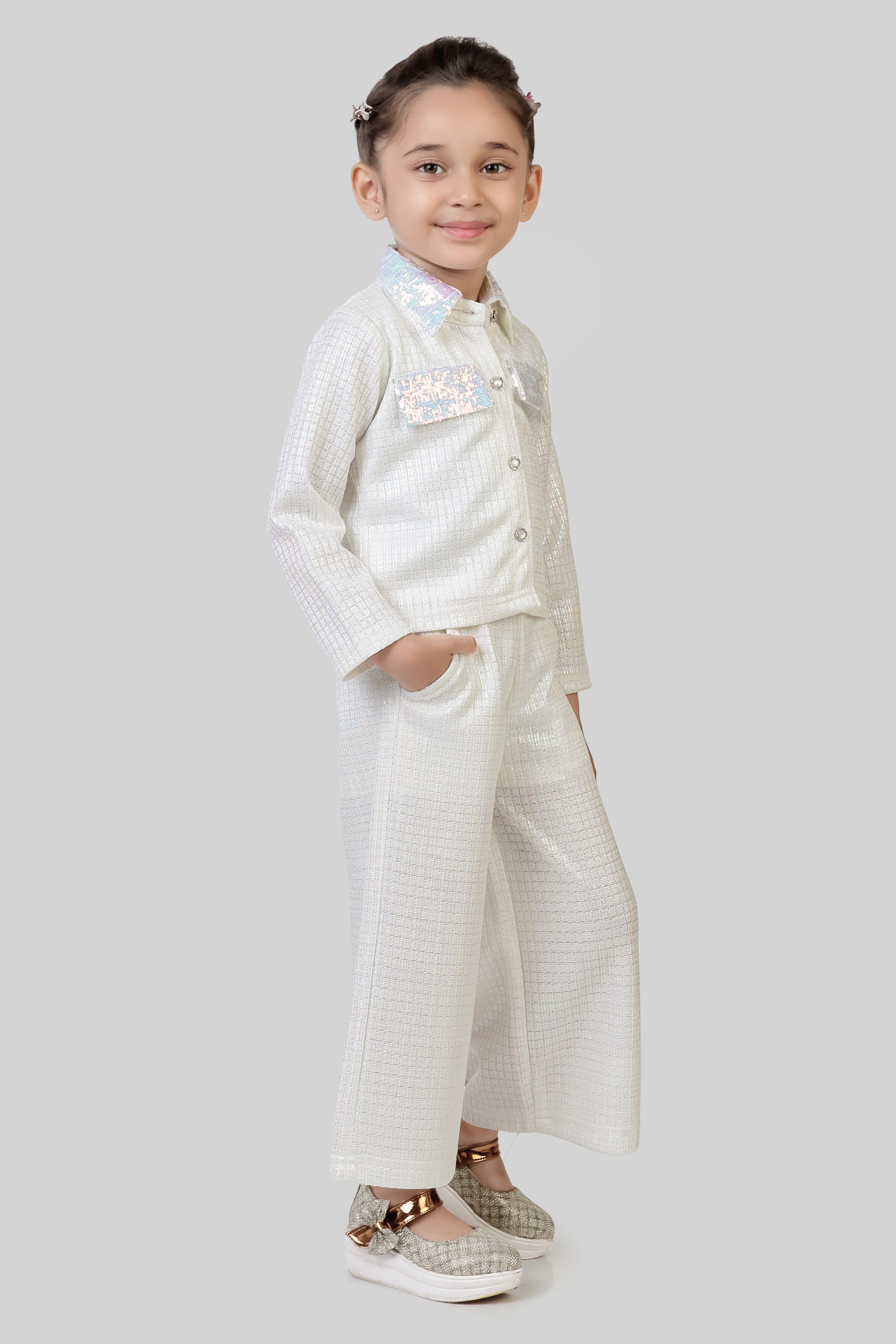 Tressel Off-White Shimmer Co-ord Set for Girls
