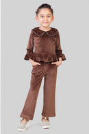 Chocolate Velvet Ruffle Top & Flared Pants Set TSSET40530